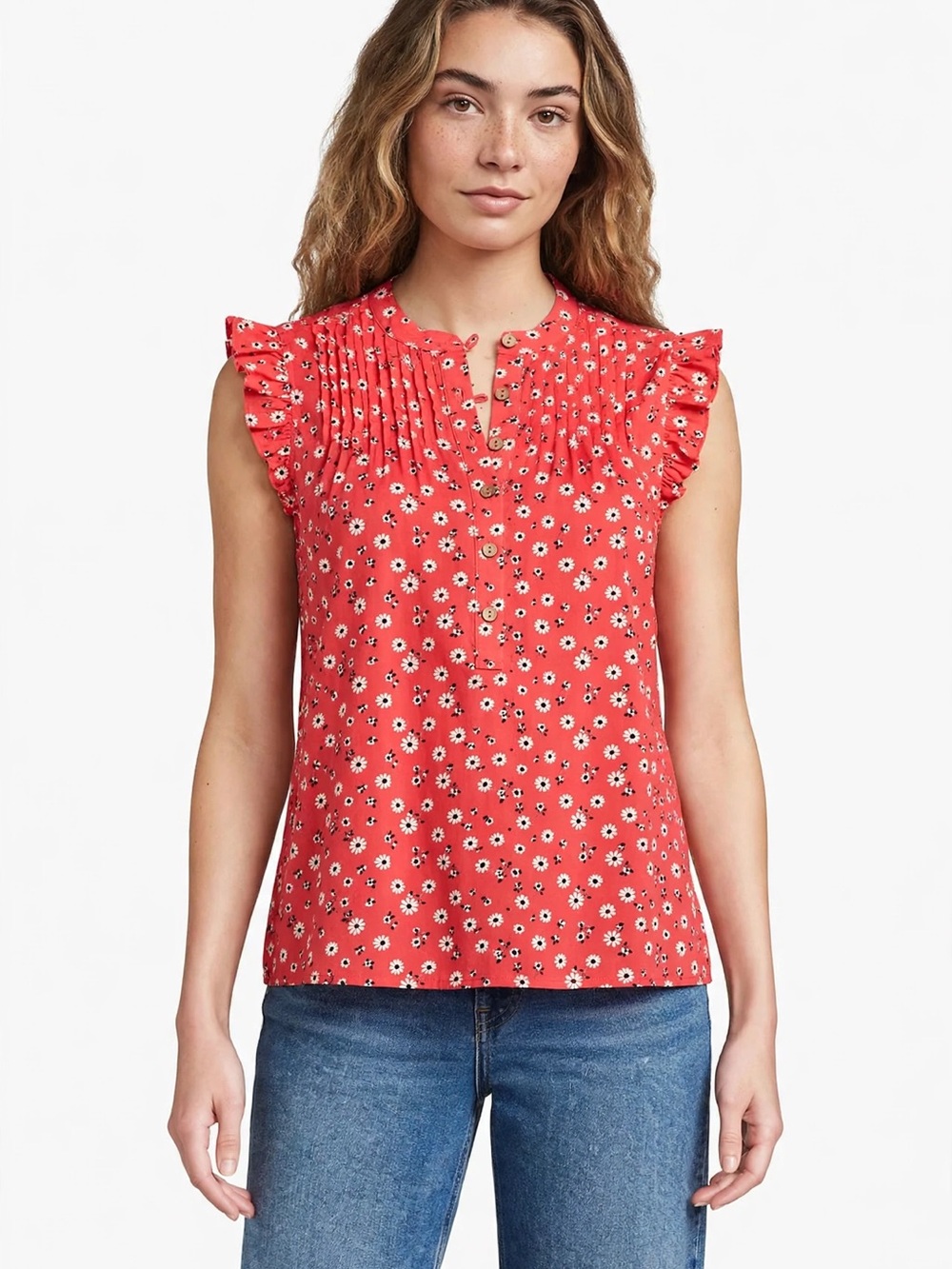 LOFT Coral Red Floral Pintuck Ruffle Sleeveless Top